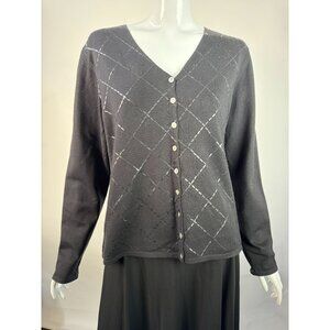 Marconi Womens Black Diamond Pattern Cardigan Sweater L 67% Silk 33% Nylon